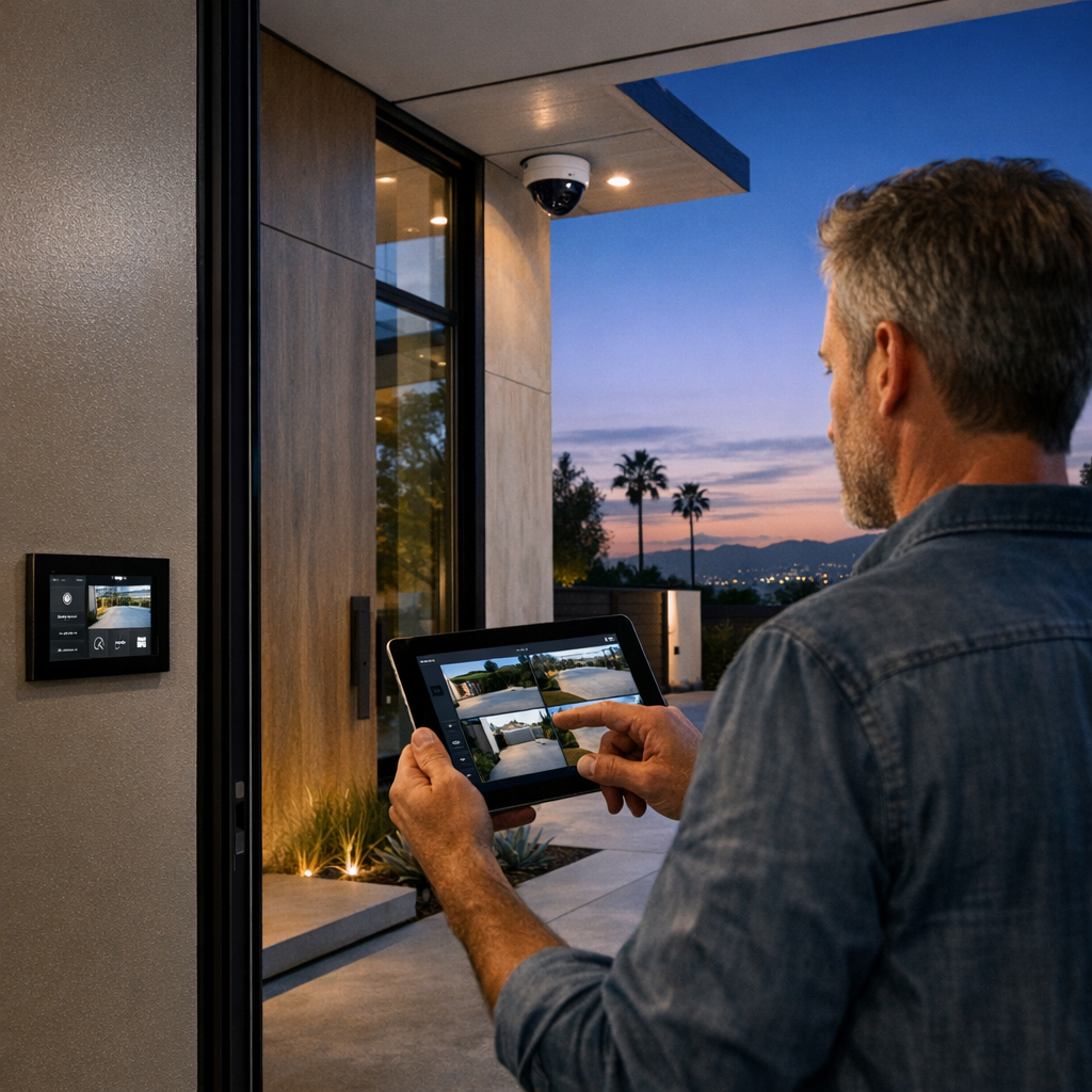 Homeowner using tablet to review security camera placement at modern Los Angeles home entryway