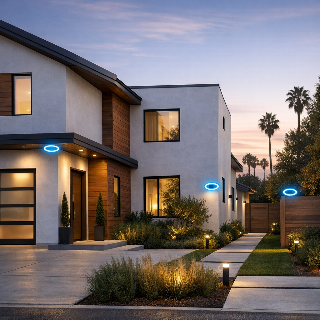 Modern LA home exterior with highlighted ideal security camera placement points at entry and perimeter