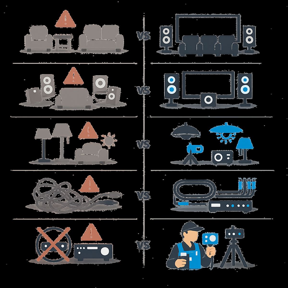 Infographic comparing five common home theater mistakes with smarter alternatives using paired icons.