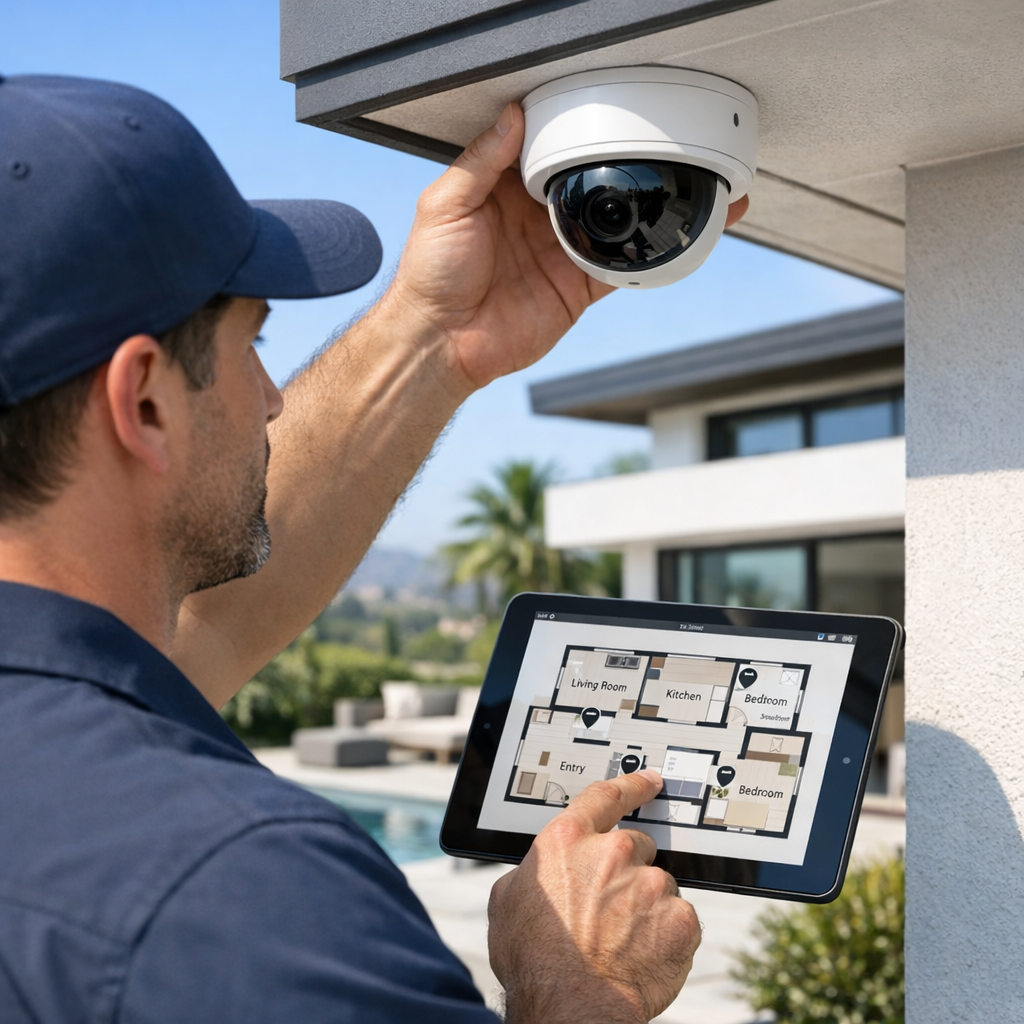 Installer positioning exterior security camera while reviewing floor plan on tablet in upscale modern home setting