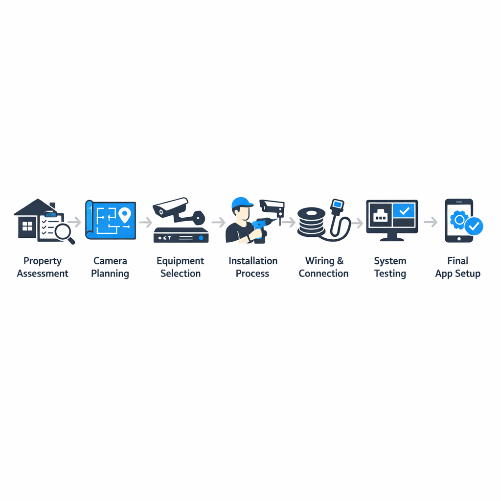 Infographic showing step-by-step CCTV installation process from assessment to app setup.
