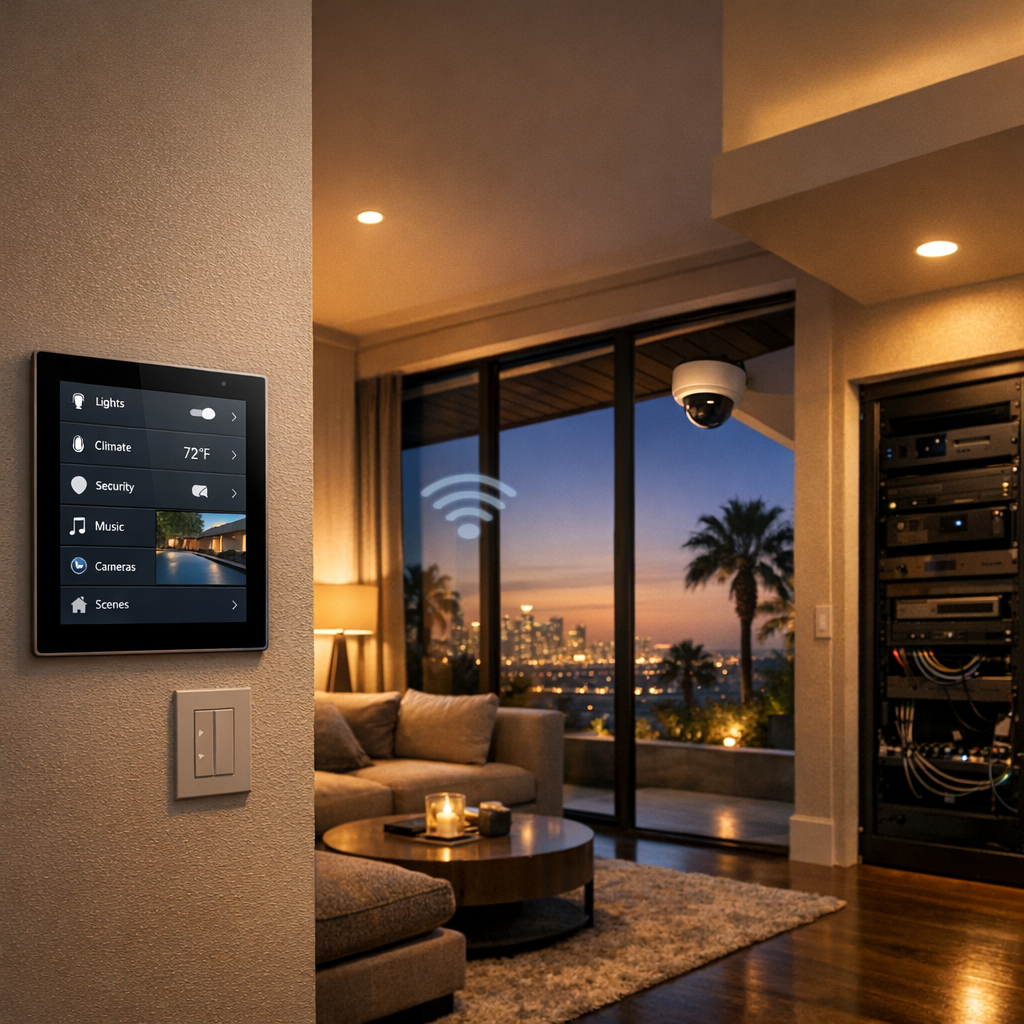 Modern LA living room with smart devices and whole-home wireless coverage