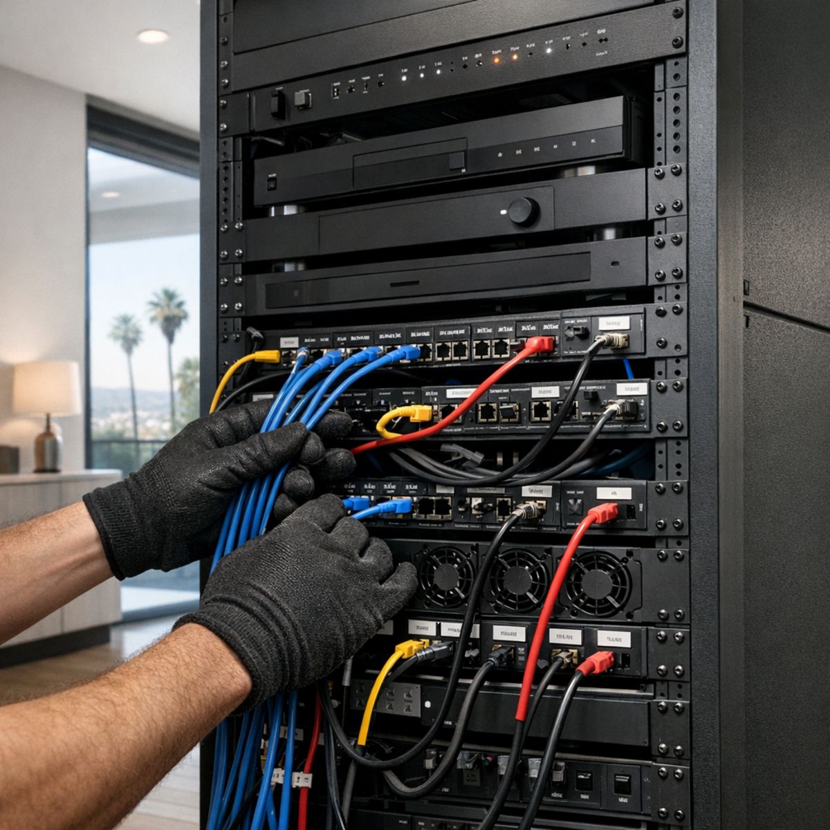 partially wired home theater rack with organized cabling in modern Los Angeles home