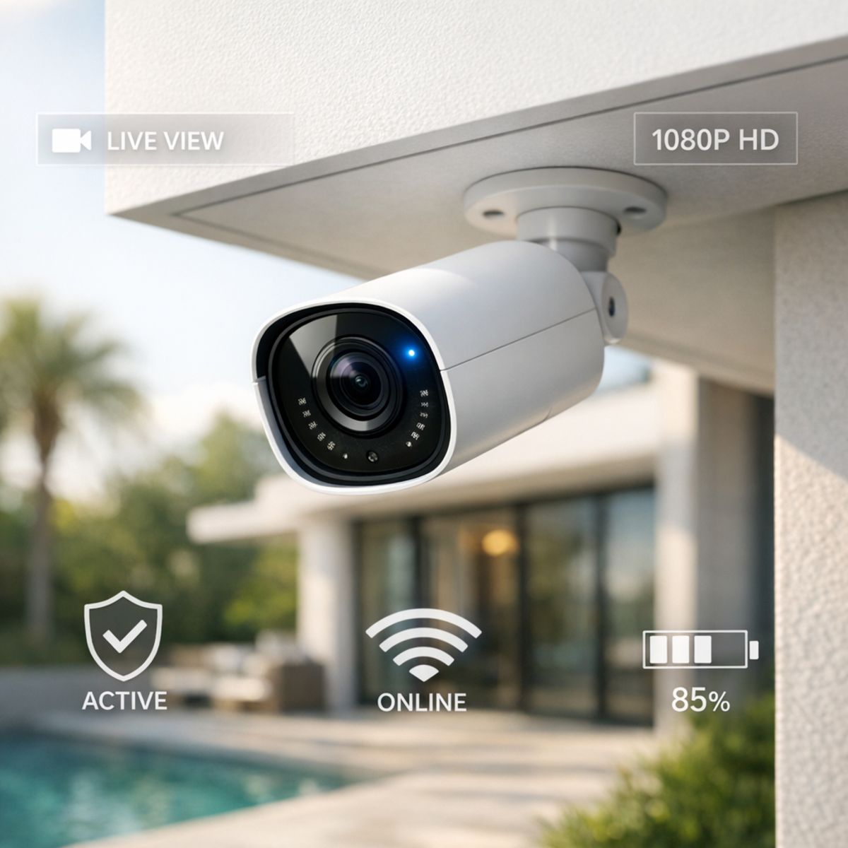 Premium outdoor security camera under eave with smart-home interface overlays in upscale LA home