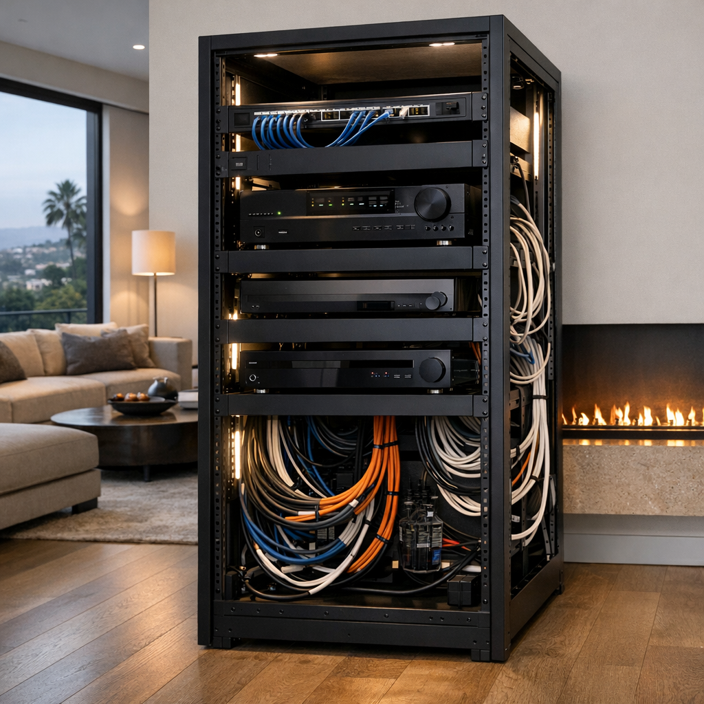 Partially wired smart home equipment rack in modern upscale living room