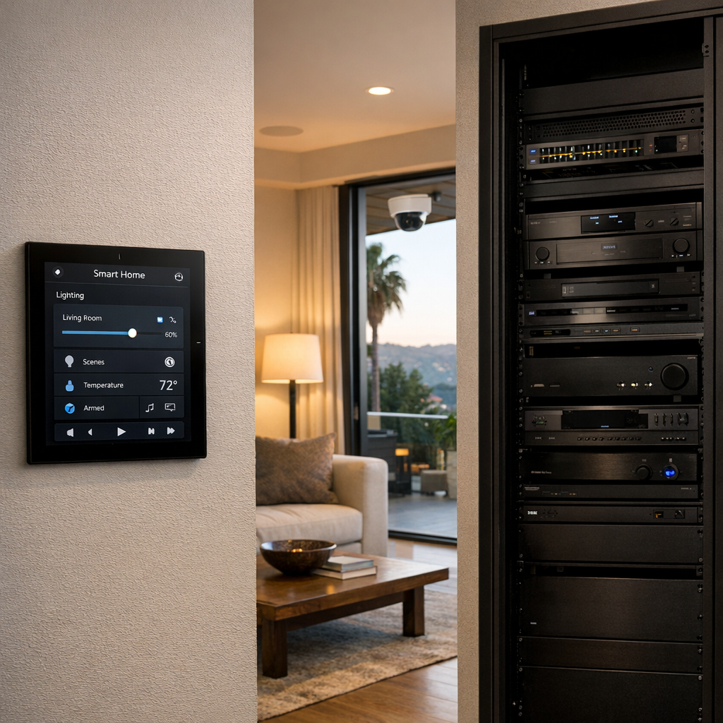 Upscale smart home living room with touch panel, smart lighting, security camera, and home theater rack