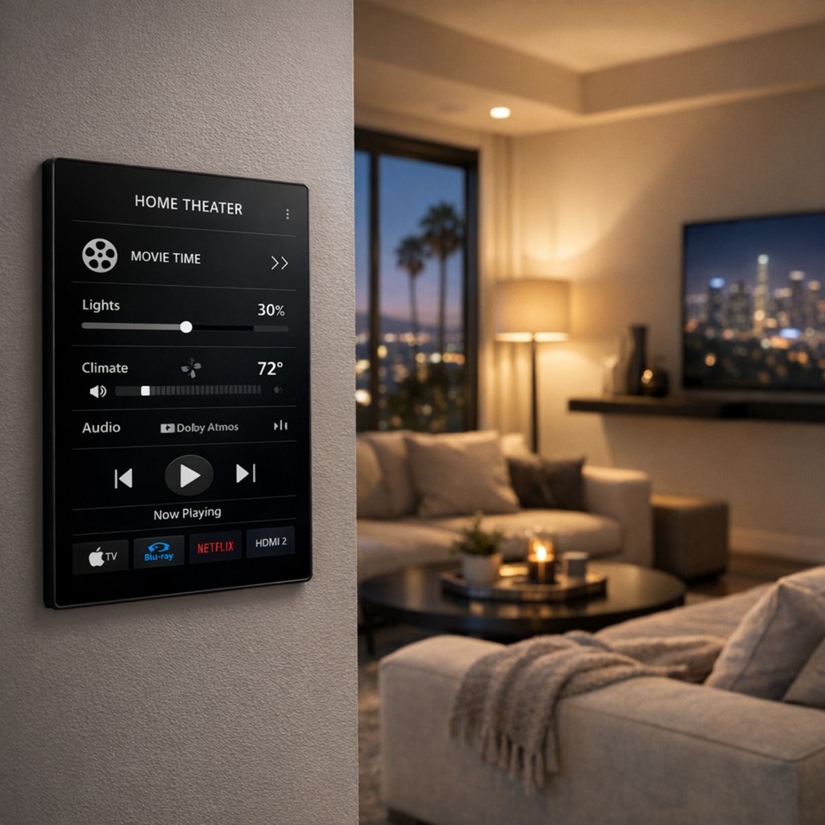 Modern LA living room with wall-mounted touch panel controlling dimmed smart lighting and home theater scene