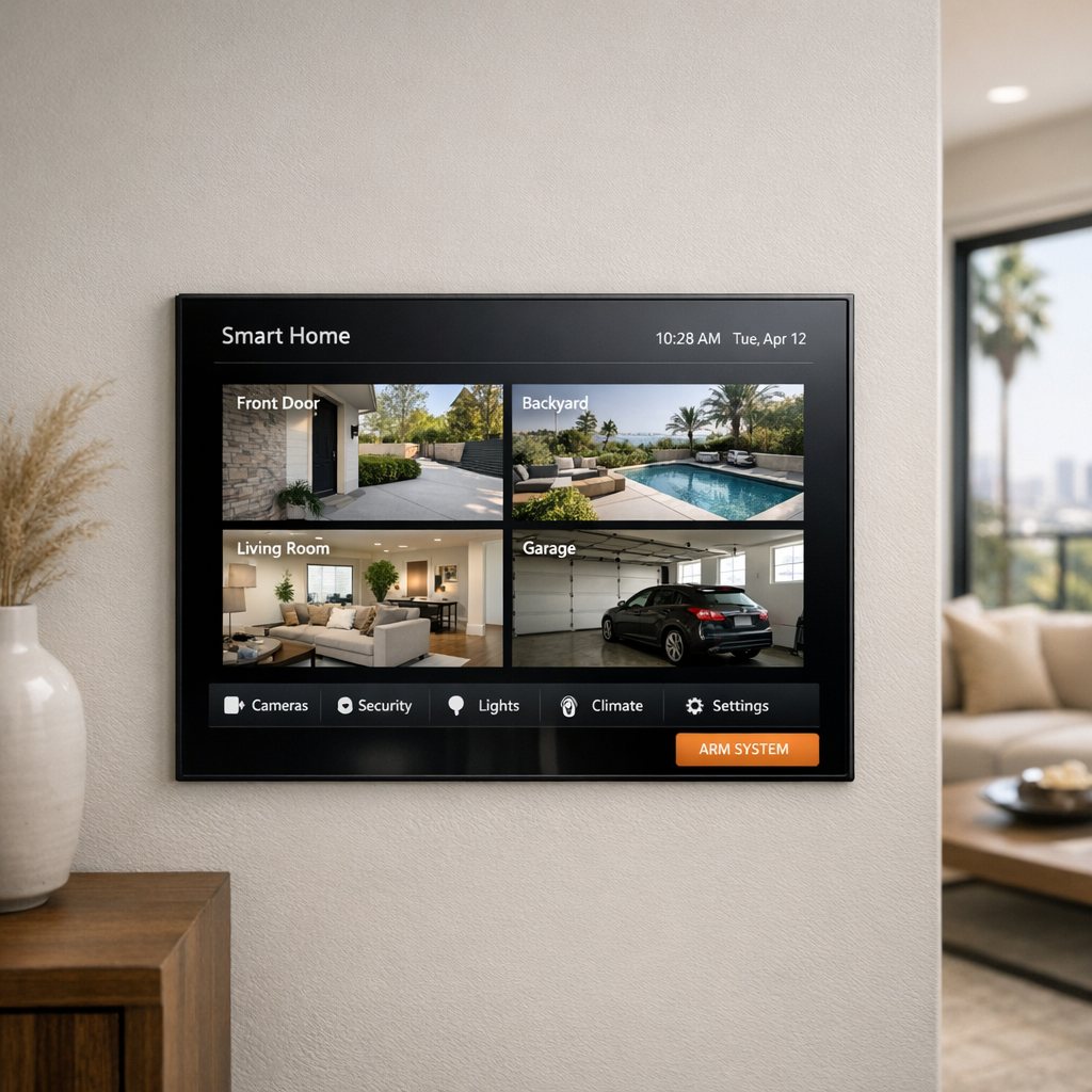 Modern wall-mounted touch panel showing multiple smart home camera feeds in an upscale living room
