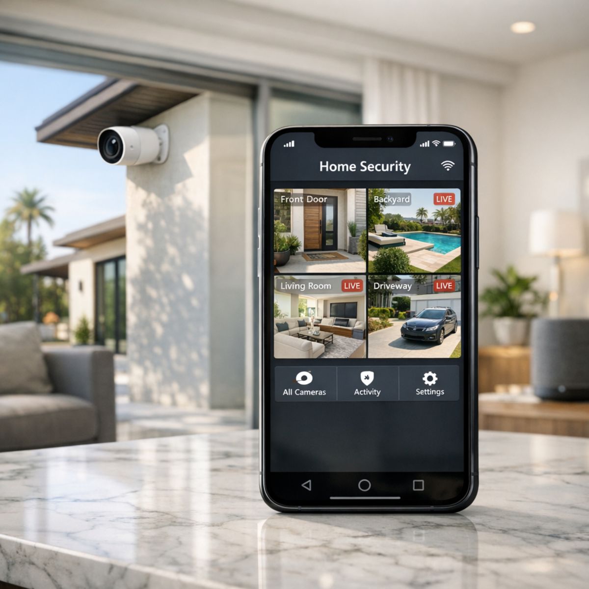 Modern smartphone app showing multiple security camera feeds in a luxury LA home with sleek outdoor camera visible