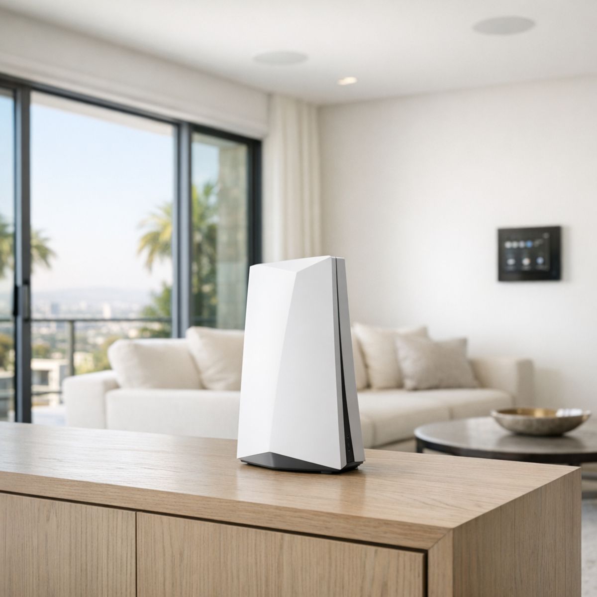 Modern WiFi router ideally placed in bright, upscale living room for optimal wireless signal coverage