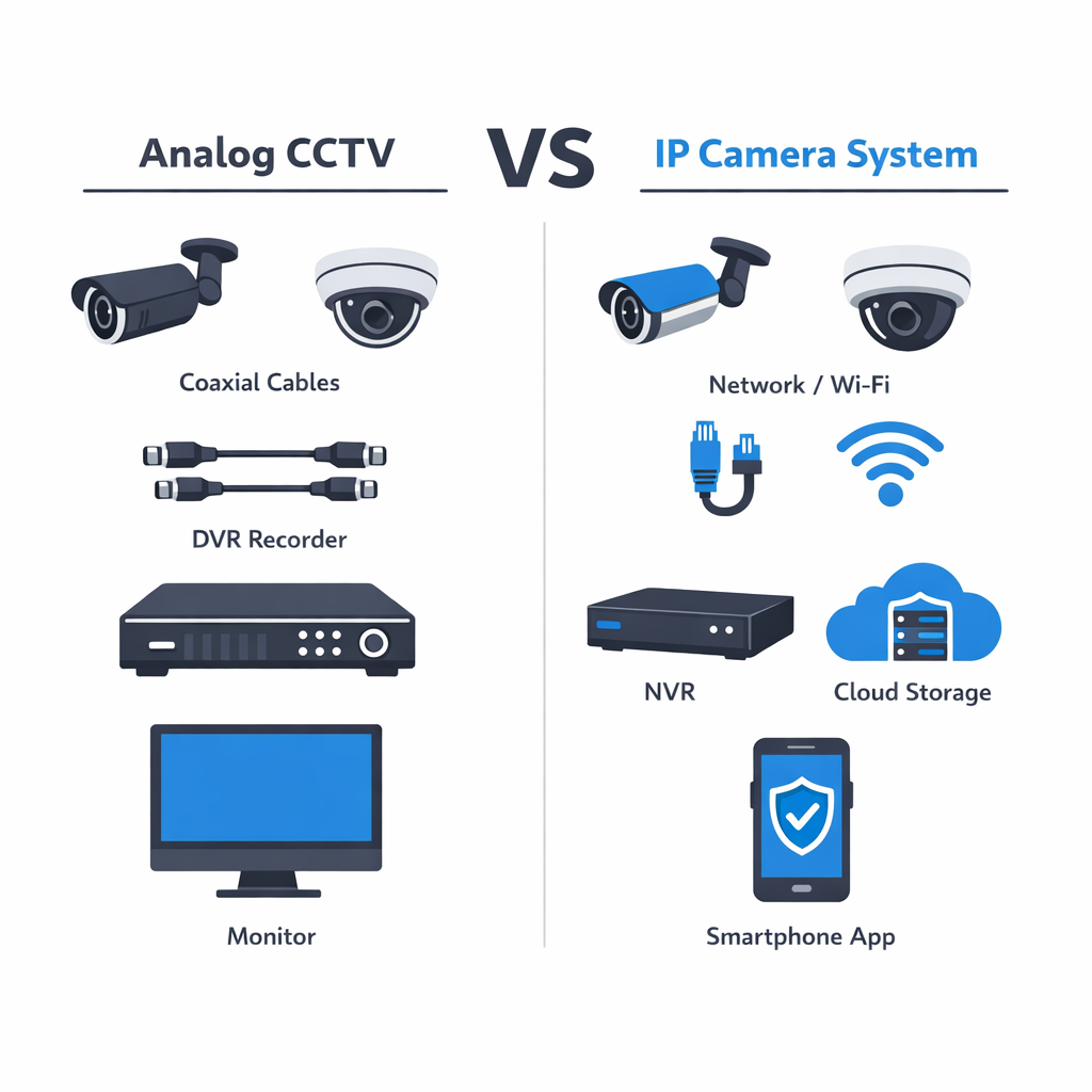 Infographic comparing analog CCTV and modern IP security camera system architectures.
