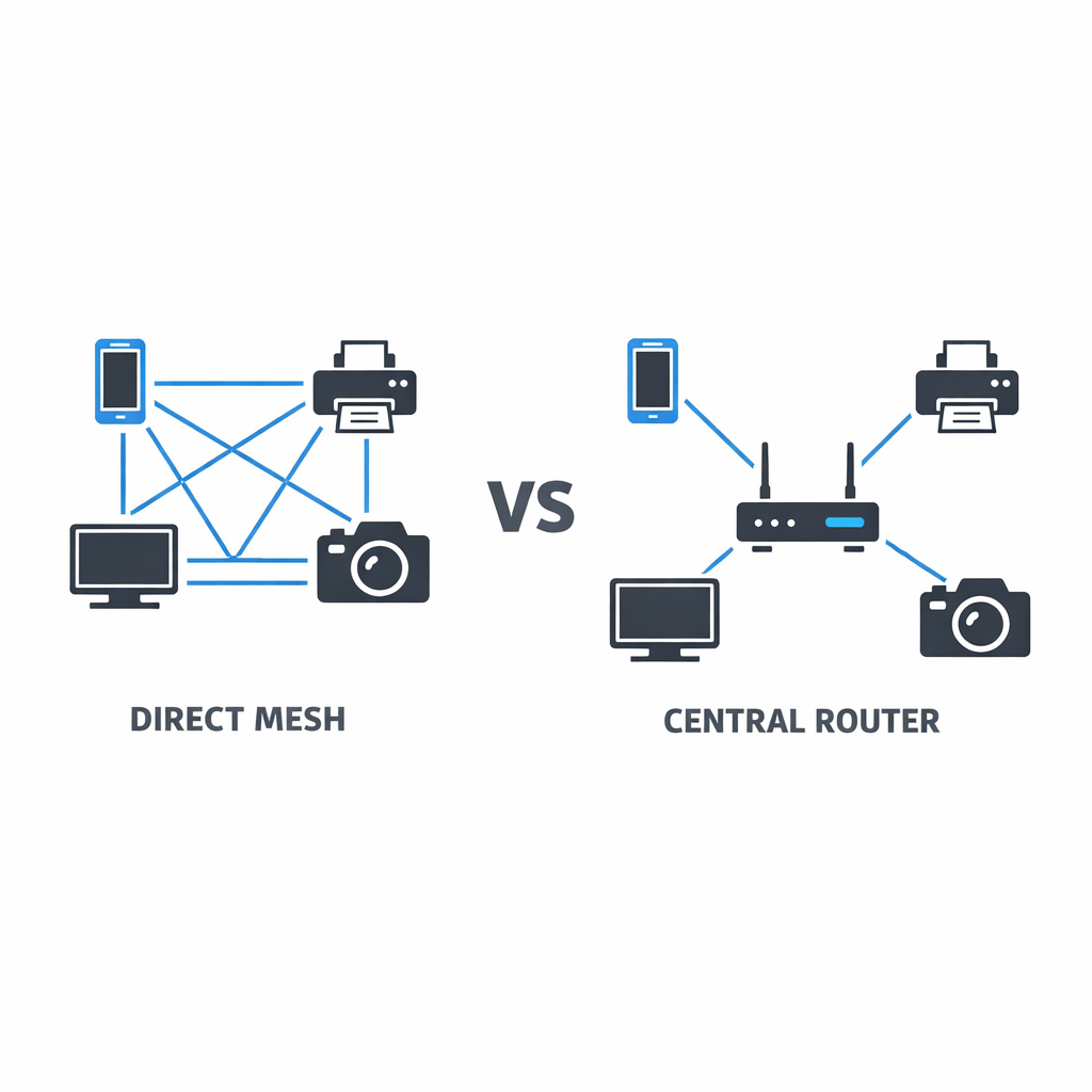 Infographic comparing direct device-to-device connections with a standard home network via router.