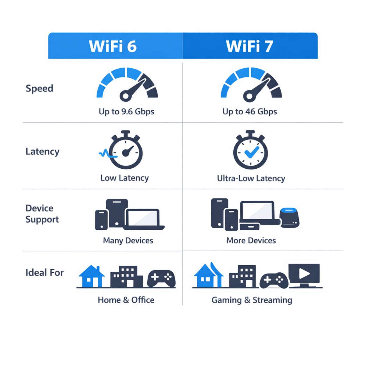 Infographic comparing WiFi 6 and WiFi 7 with icons for speed, latency, device support, and use cases.