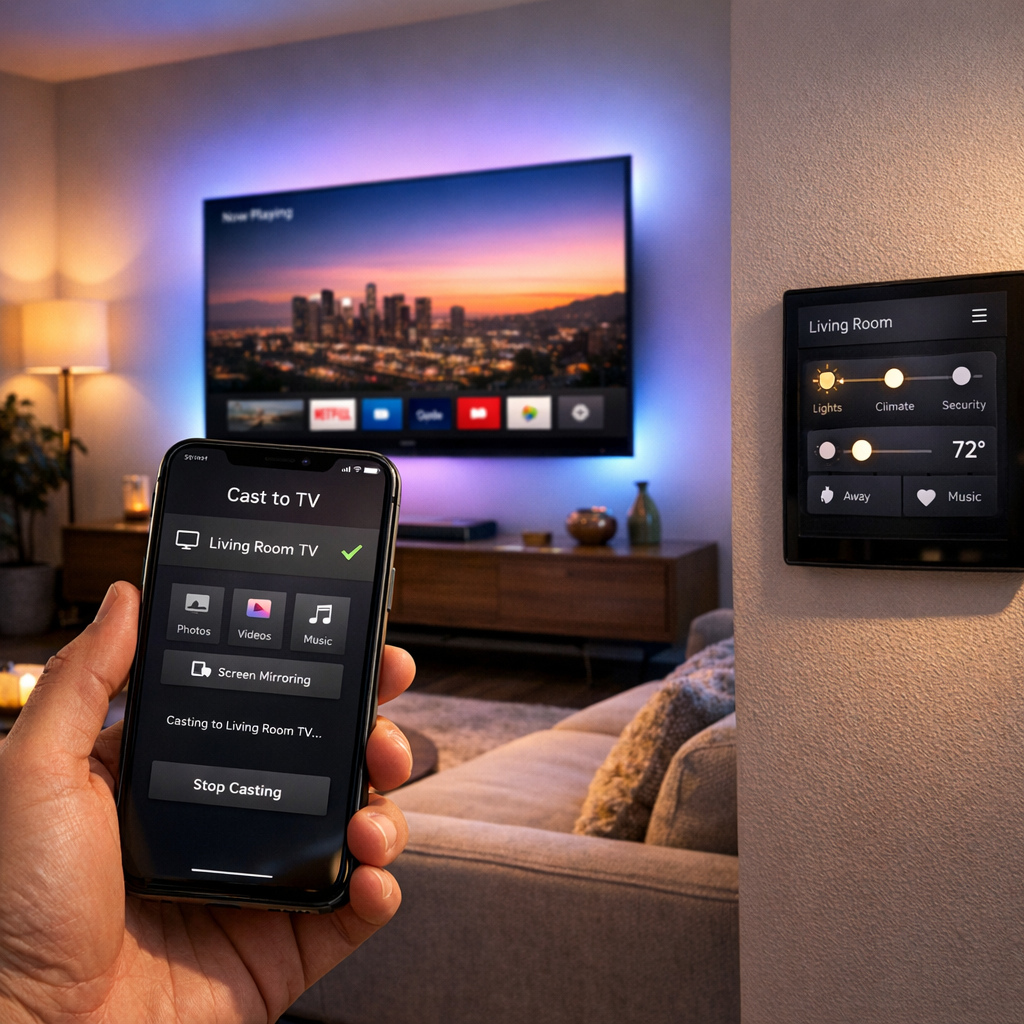 Upscale living room with smart TV, mobile device casting, smart lighting, and wall-mounted touch panel