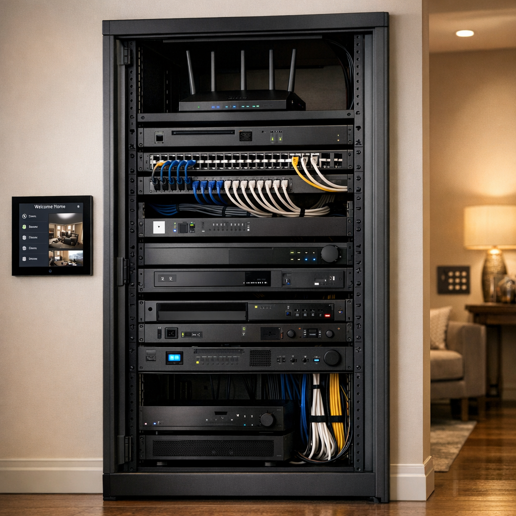 modern home technology rack with organized networking gear and smart devices in upscale residential setting