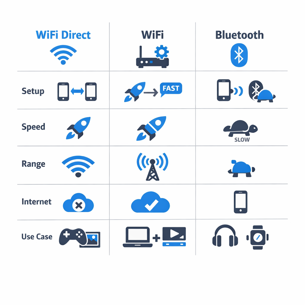 Infographic comparing WiFi Direct, traditional WiFi, and Bluetooth on setup, speed, range, internet, and uses.