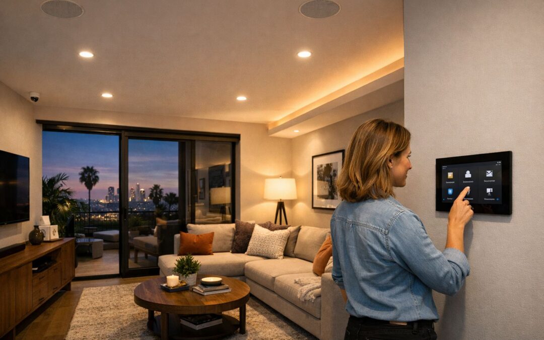 Modern LA living room with wireless smart security camera, integrated speakers, smart lighting, and homeowner using control