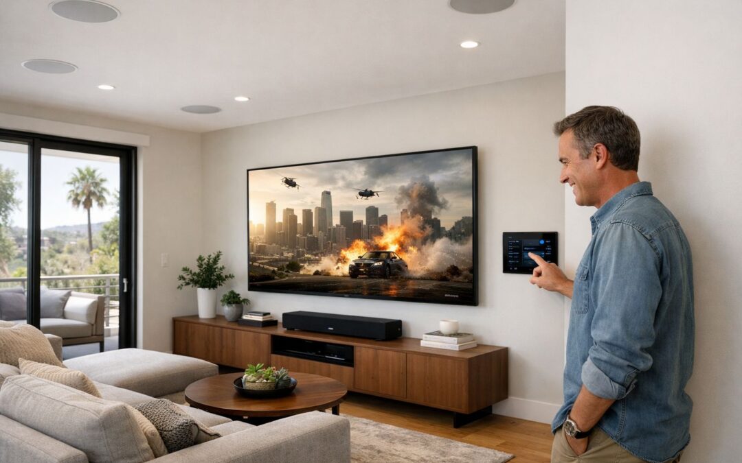Modern LA living room with integrated home theater, ceiling speakers, smart lighting, and homeowner using control panel