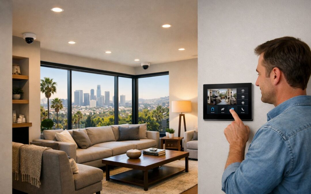 Modern LA home interior with discreet CCTV cameras, smart lighting, and a wall control panel, showing professional