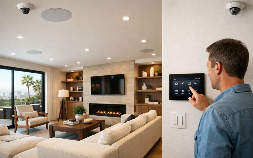 Modern LA living room with discreet security cameras, smart lighting, integrated speakers, and homeowner using wall control