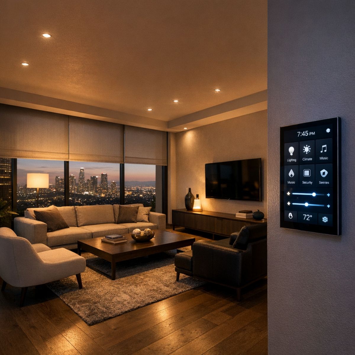 Modern LA living room with smart lighting, motorized shades, and wall-mounted touch panel