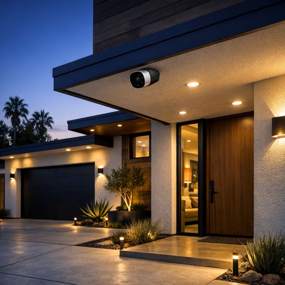 Upscale Los Angeles home exterior with discreet under-eave security camera covering entry and driveway