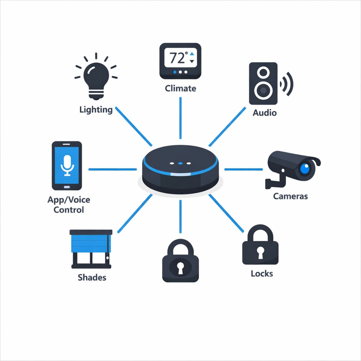 Radial map of smart home ecosystem connecting lighting, climate, audio, cameras, locks, shades, and app/voice control.