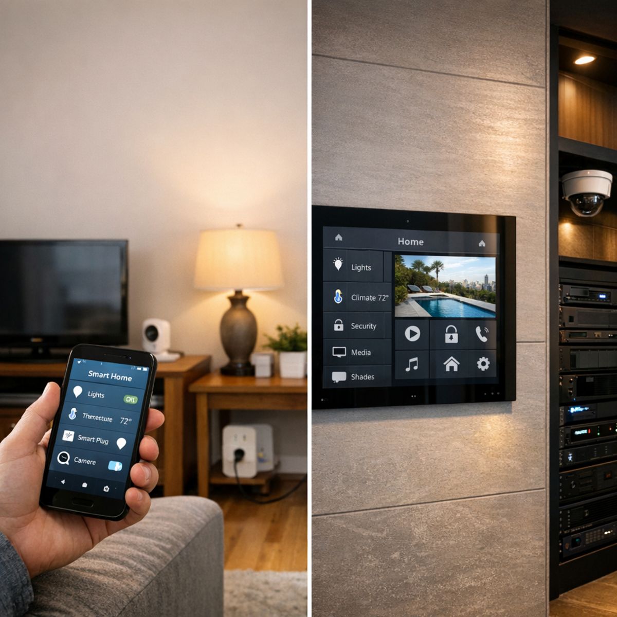 Split-scene of DIY smart home setup versus integrated touch panel in upscale modern LA living room