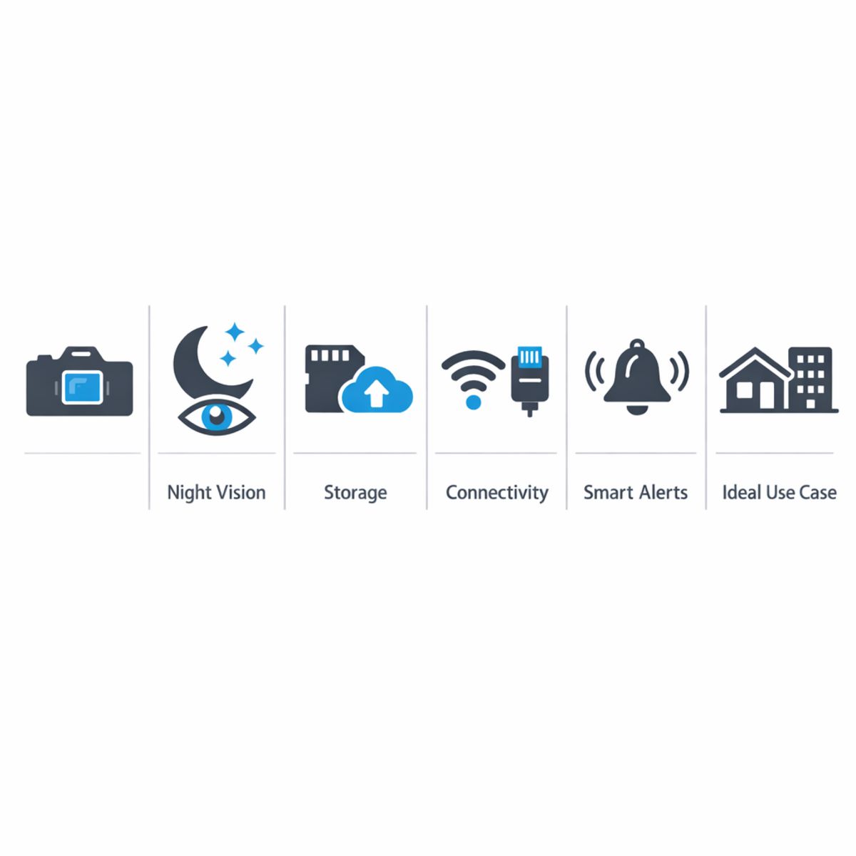 Infographic comparing six key camera features with icons in blue and dark gray.