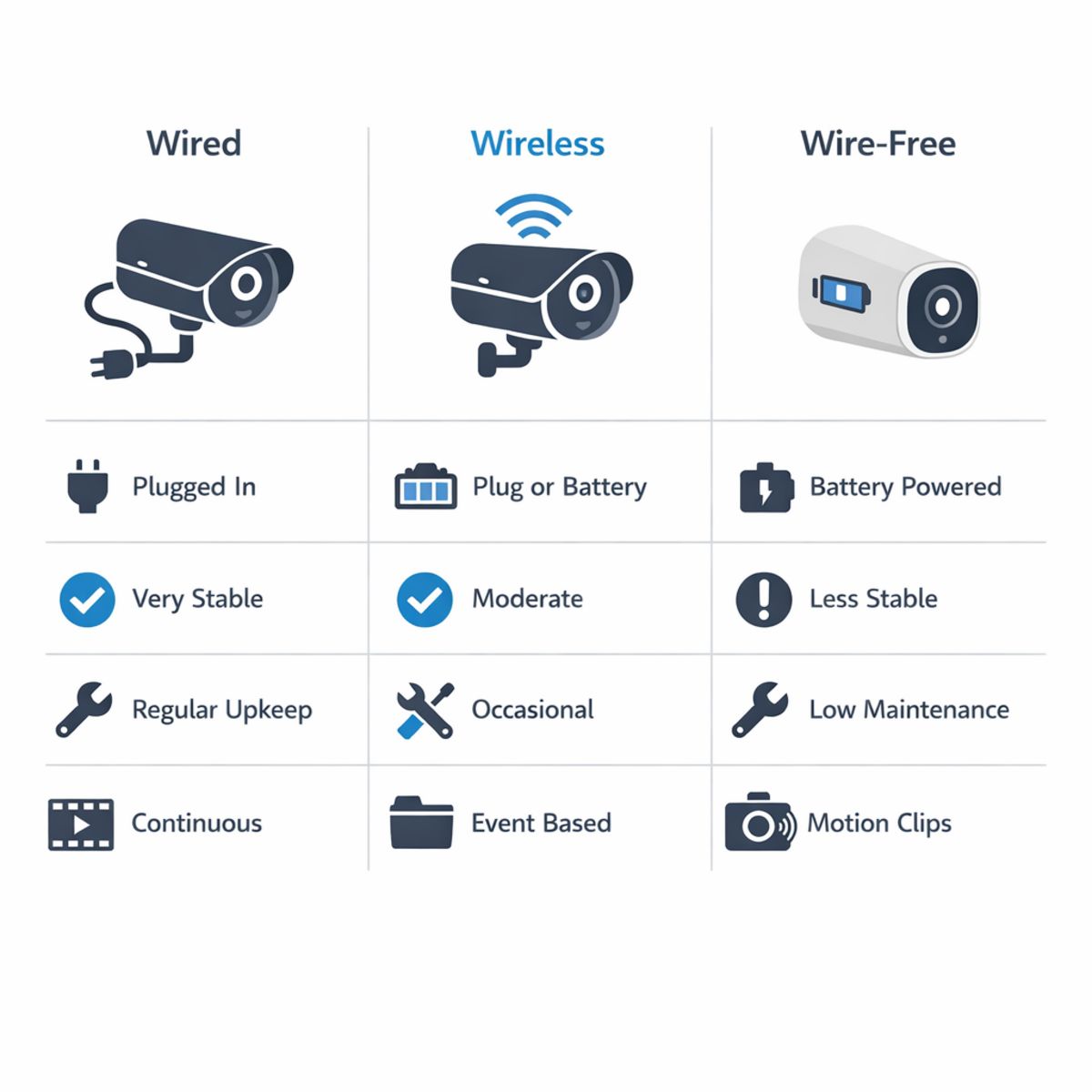 Infographic comparing wired, wireless, and wire-free camera setups by key features.