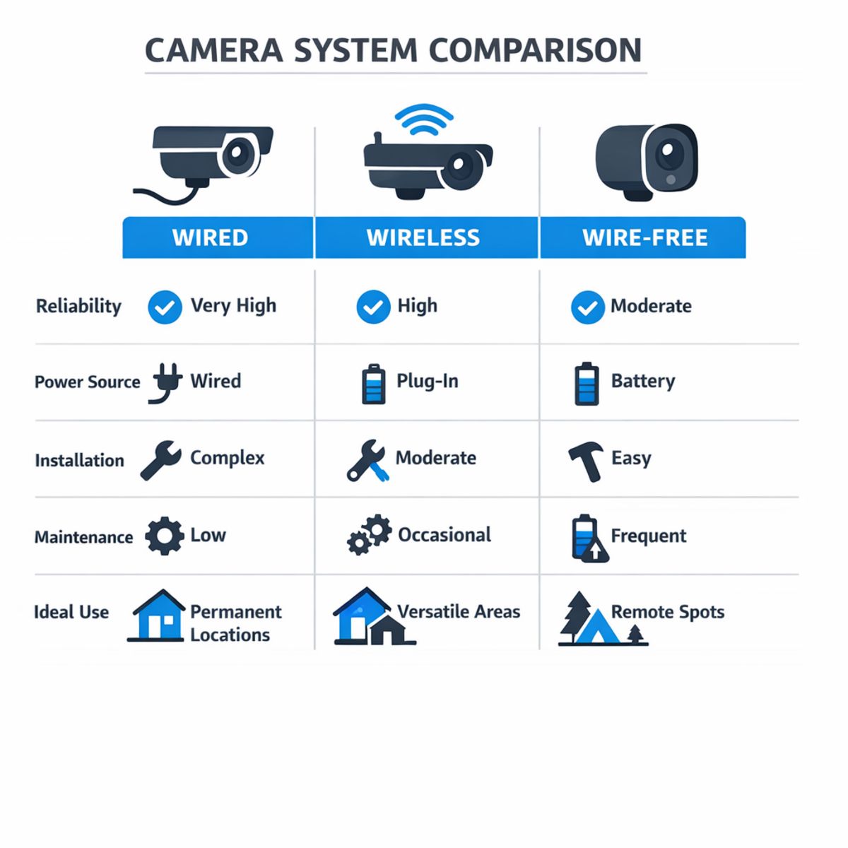 Infographic comparing wired, wireless, and wire-free outdoor camera systems across key features.