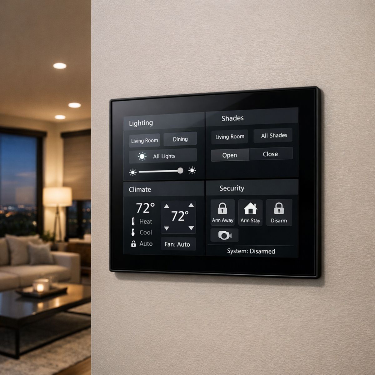 Modern living room with wall-mounted smart home touch panel controlling lighting, shades, climate, and security