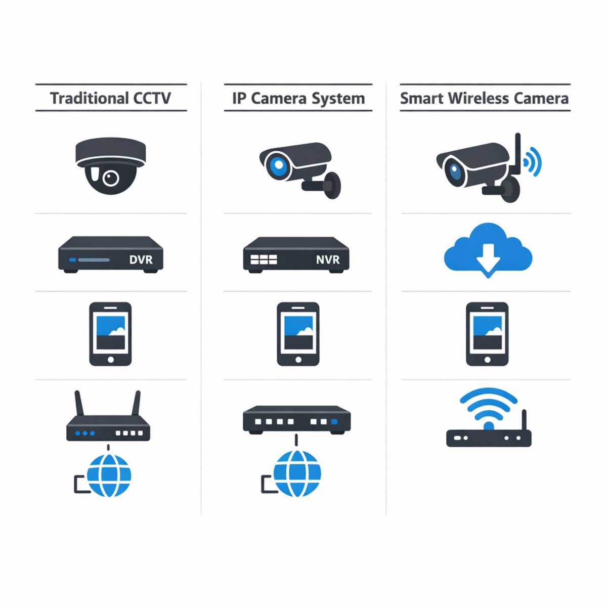 Infographic comparing CCTV, IP, and smart wireless camera systems with core components icons.