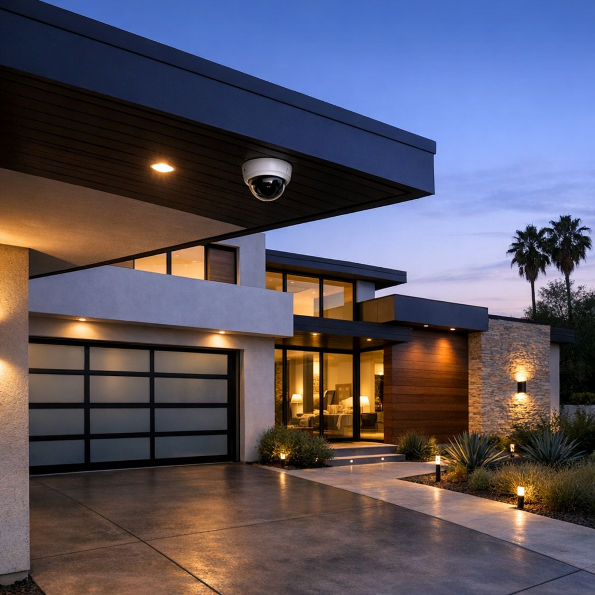 Modern Los Angeles home exterior with under-eave security camera above driveway entry