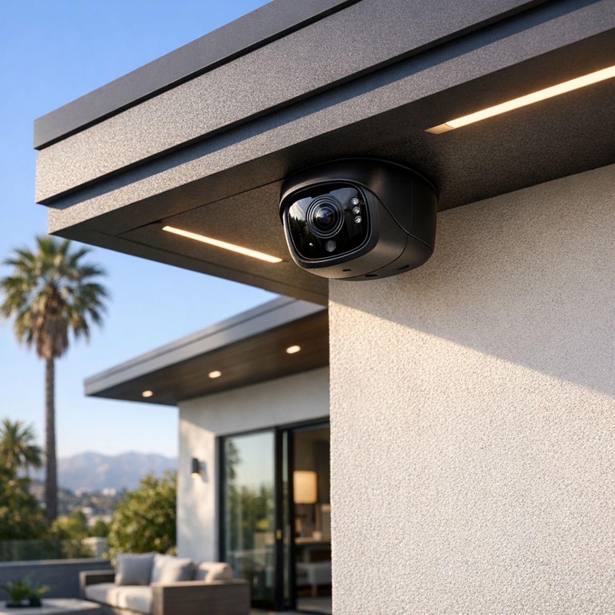 modern under-eave outdoor security camera on contemporary home exterior