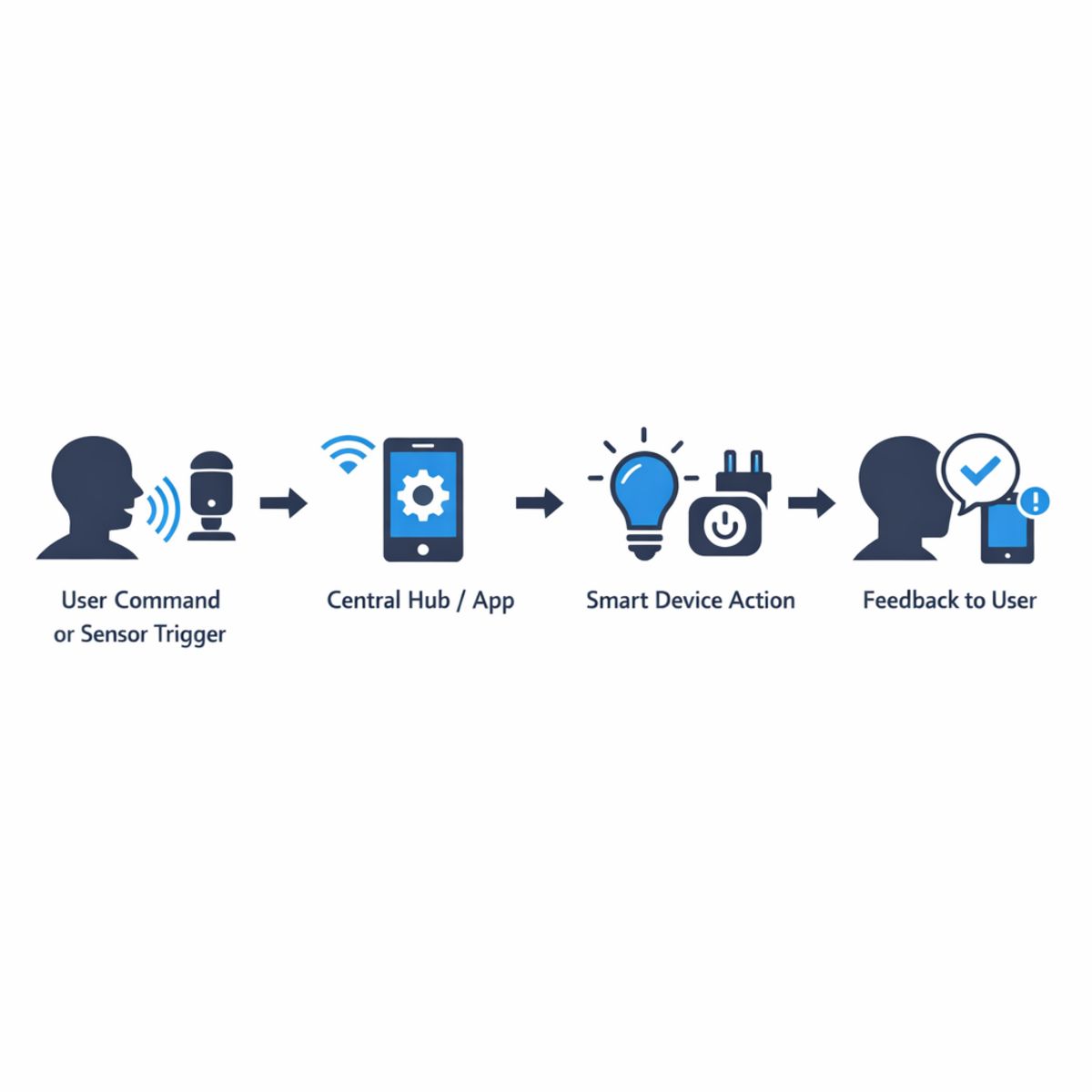 Infographic showing flow from user command to hub processing to device action and feedback.