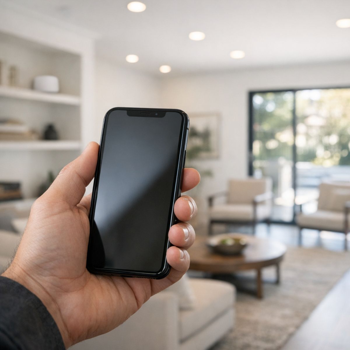 Modern living room with smartphone in hand and discreet wireless router in background