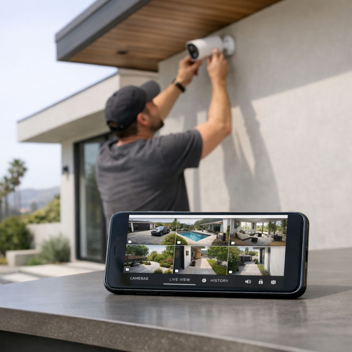 Modern smartphone showing live security camera feeds as exterior camera is adjusted in upscale LA home