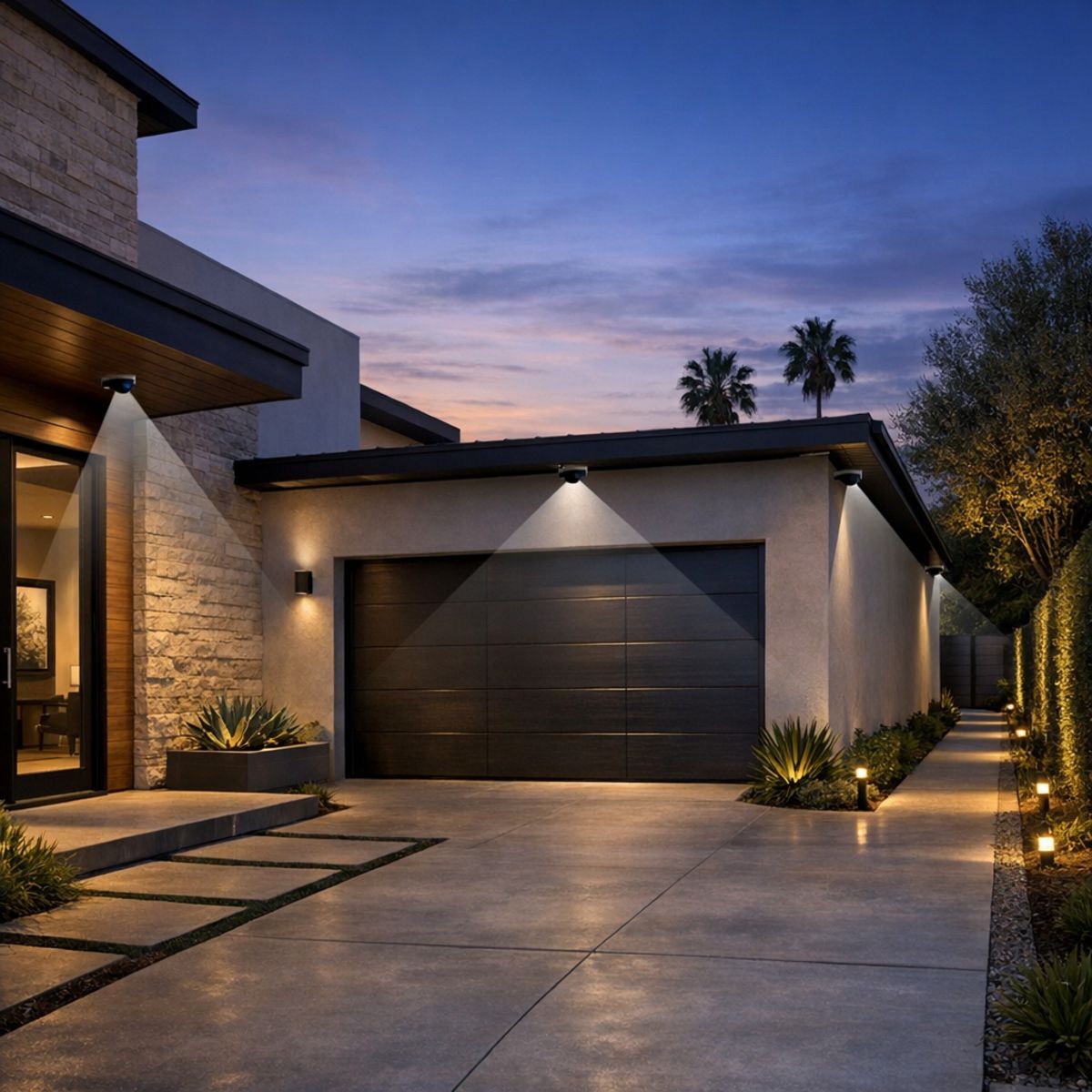modern LA home exterior with discreet cameras at entry, garage, and side yard showing security coverage zones