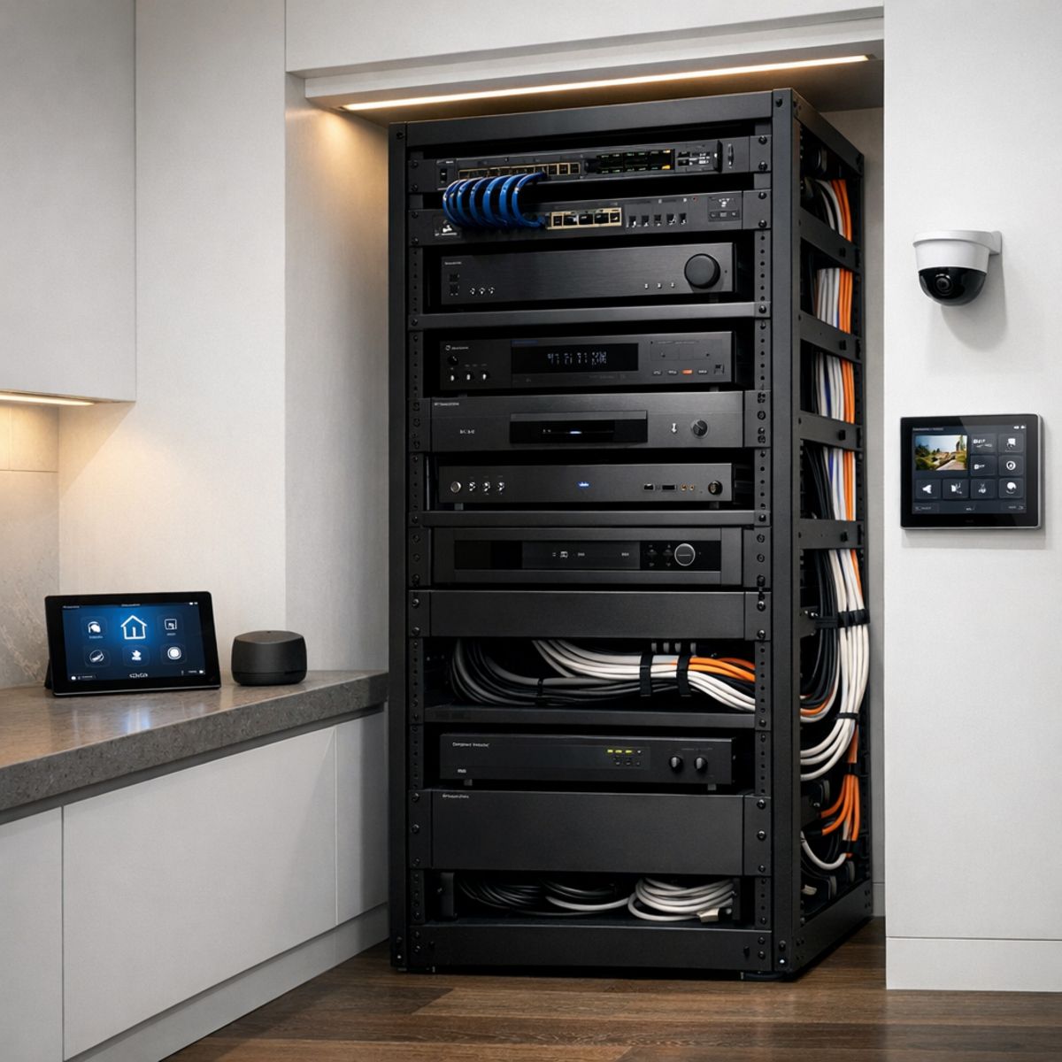 partially wired smart home rack and control hardware in a modern upscale home equipment area