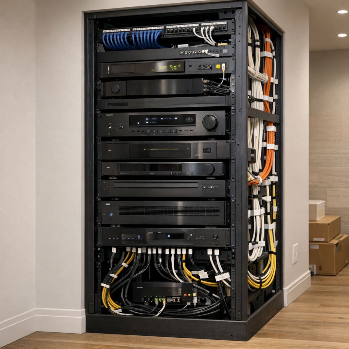 partially wired home theater rack with labeled components in modern upscale home