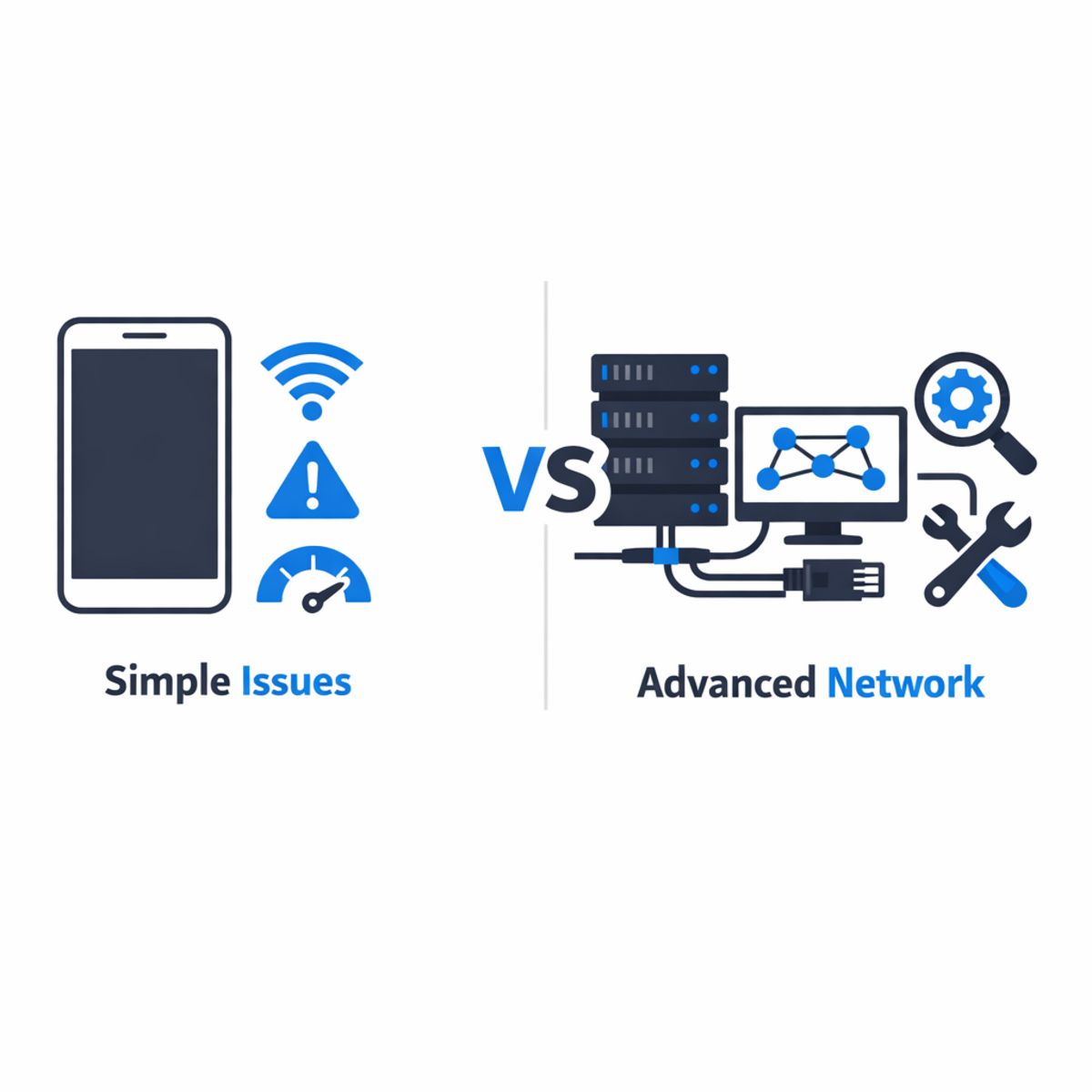 Infographic comparing app-detectable issues versus those needing professional network troubleshooting.