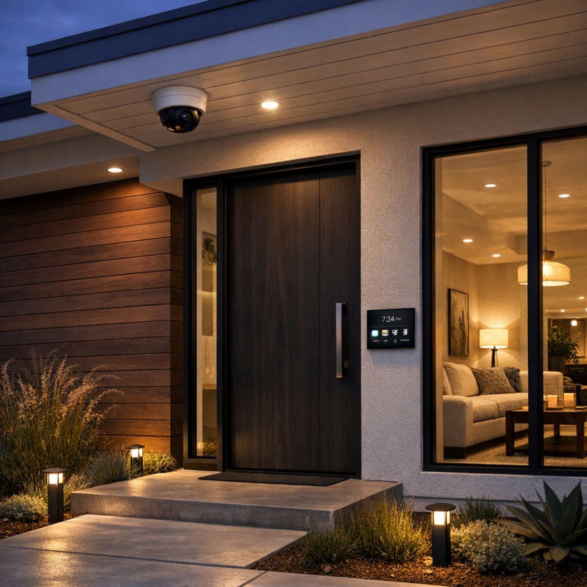 Modern LA home exterior with under-eave security camera and smart entry system at dusk
