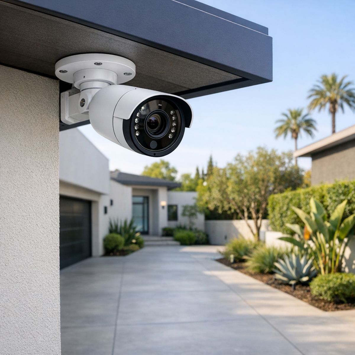 Outdoor security camera under eave overlooking driveway in upscale modern residential setting