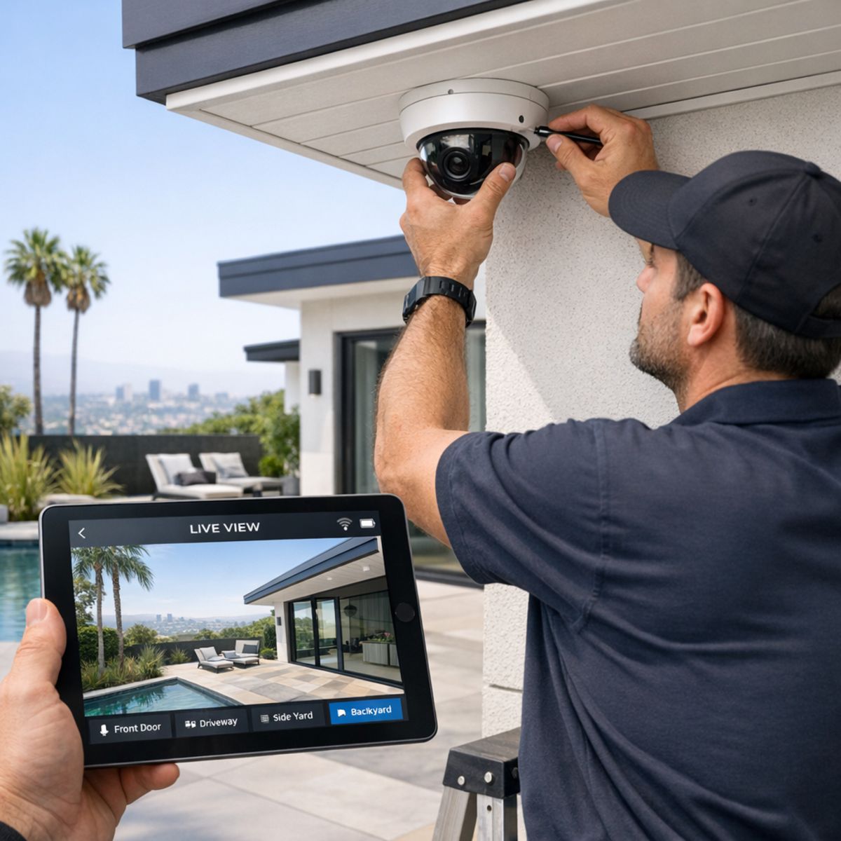 Technician adjusts outdoor security camera while tablet shows live feed in modern LA home