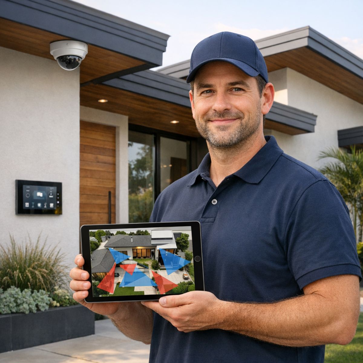 Installer using tablet to review security camera views outside modern Los Angeles home with visible eaves and entry points
