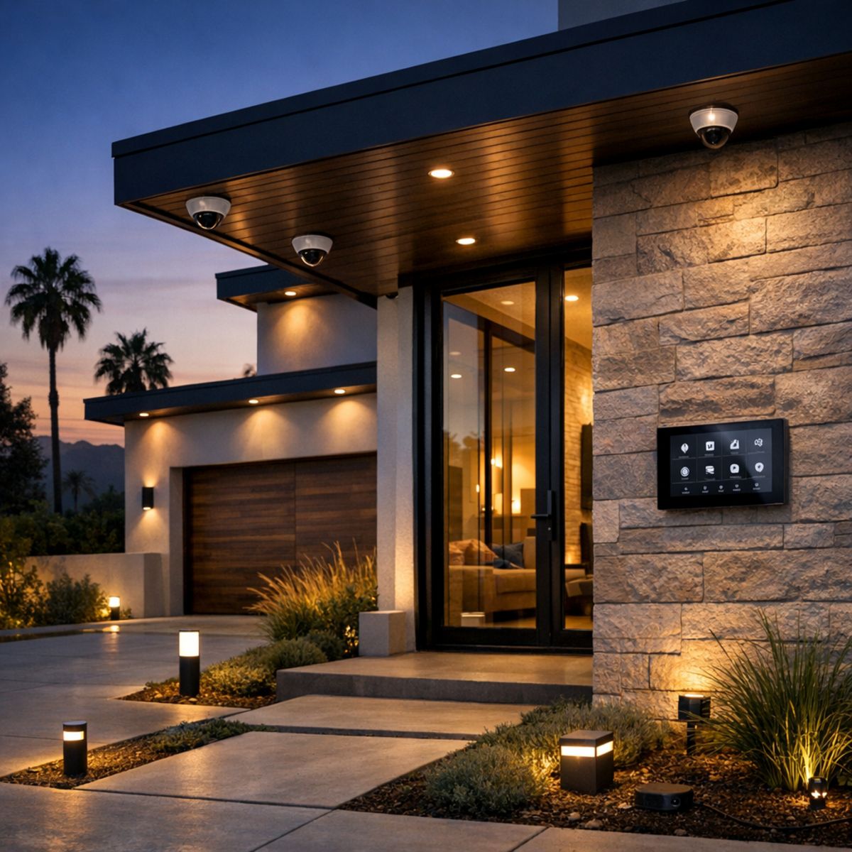 Modern LA home exterior with discreet security cameras and smart home control panel