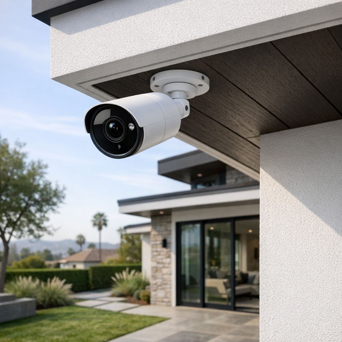 modern exterior security camera under eave of upscale home with clean residential backdrop