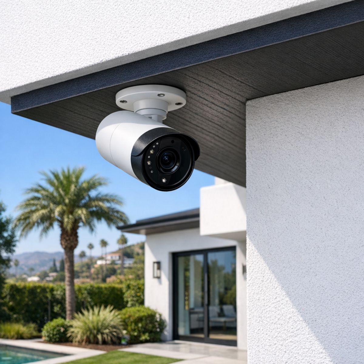 Modern outdoor security camera mounted under eave on bright Los Angeles home exterior