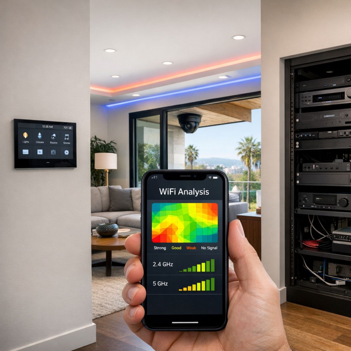 Modern LA living room with smart devices and phone showing WiFi analysis for coverage evaluation